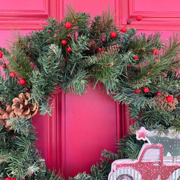 Red Truck Christmas Wreath: Farmhouse Pinecone Berry Door Decor - Picture 4 of 10